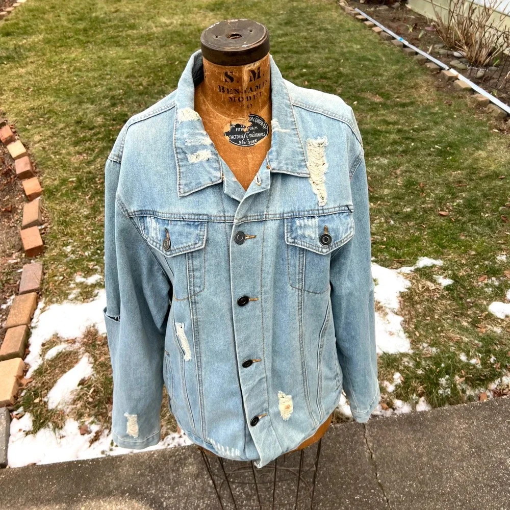 Carbon 2 Cobalt Distressed Denim Jean Jacket Men XXL‎ Trucker Blue Grunge Rugged